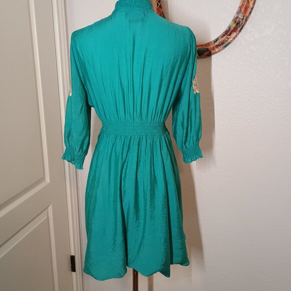 Neslay Paris Teal Green Embroidered Boho Mini Poof Bubble Dress Large - Picture 5 of 13